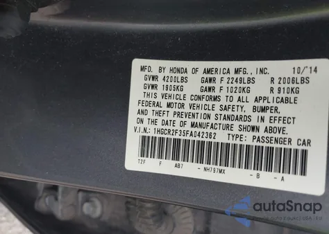 2015 Honda Accord Lx из США, поврежденный, VIN 1HGCR2F35FA042362